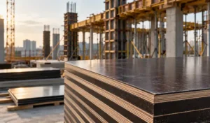 Compensado plastificado para fôrmas de concreto empilhado em canteiro de obras.